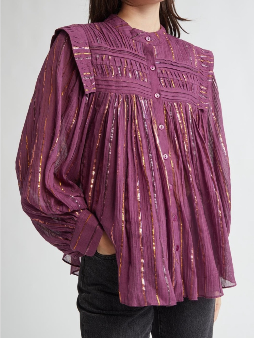 FARM Rio Plum Metallic-Striped Pleated Button-Up Blouse